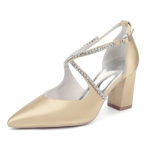OAUSZC Damen Satin Blockabsatz Hochzeitsschuhe Spitze Zehen Kreuzriemen Pumps Strass Brautschuhe 272-05,Champagne,35 EU von OAUSZC