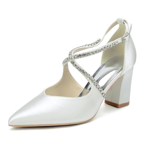 OAUSZC Damen Satin Blockabsatz Hochzeitsschuhe Spitze Zehen Kreuzriemen Pumps Strass Brautschuhe 272-05,Elfenbein,35 EU von OAUSZC