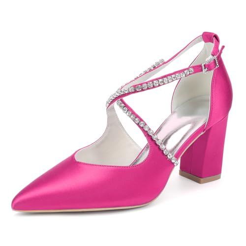 OAUSZC Damen Satin Blockabsatz Hochzeitsschuhe Spitze Zehen Kreuzriemen Pumps Strass Brautschuhe 272-05,Fuchsia,37 EU von OAUSZC