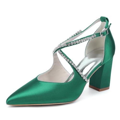 OAUSZC Damen Satin Blockabsatz Hochzeitsschuhe Spitze Zehen Kreuzriemen Pumps Strass Brautschuhe 272-05,Grün,38 EU von OAUSZC