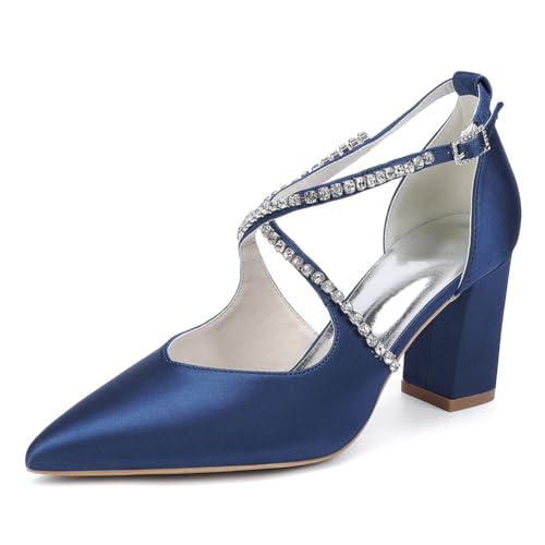 OAUSZC Damen Satin Blockabsatz Hochzeitsschuhe Spitze Zehen Kreuzriemen Pumps Strass Brautschuhe 272-05,Marine,35 EU von OAUSZC
