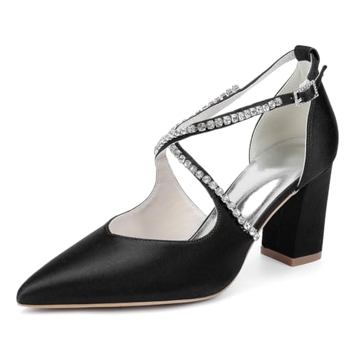 OAUSZC Damen Satin Blockabsatz Hochzeitsschuhe Spitze Zehen Kreuzriemen Pumps Strass Brautschuhe 272-05,Schwarz,38 EU von OAUSZC