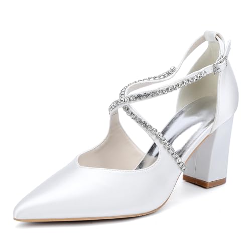 OAUSZC Damen Satin Blockabsatz Hochzeitsschuhe Spitze Zehen Kreuzriemen Pumps Strass Brautschuhe 272-05,Weiß,39 EU von OAUSZC