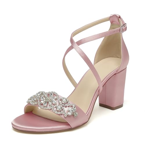 OAUSZC Damen Satin Brautsandalen Mit Blockabsatz Gekreuzten Riemchen Party Hochzeitsschuhe Mit Strass,Blush,38 EU von OAUSZC