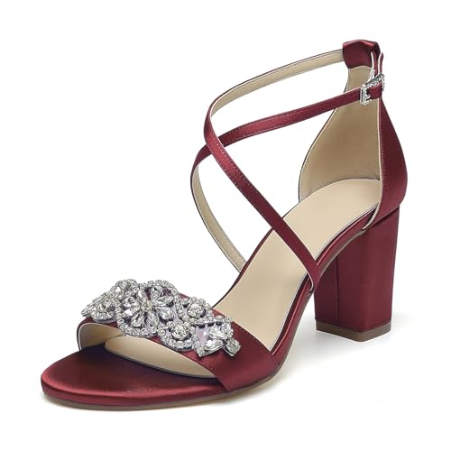 OAUSZC Damen Satin Brautsandalen Mit Blockabsatz Gekreuzten Riemchen Party Hochzeitsschuhe Mit Strass,Burgundy,42 EU von OAUSZC
