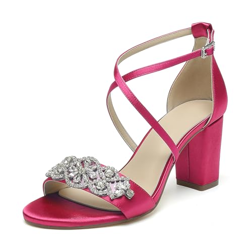 OAUSZC Damen Satin Brautsandalen Mit Blockabsatz Gekreuzten Riemchen Party Hochzeitsschuhe Mit Strass,Fuchsia,43 EU von OAUSZC
