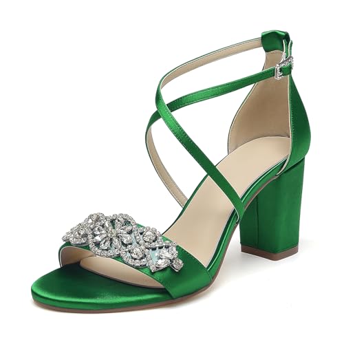 OAUSZC Damen Satin Brautsandalen Mit Blockabsatz Gekreuzten Riemchen Party Hochzeitsschuhe Mit Strass,Grün,42 EU von OAUSZC