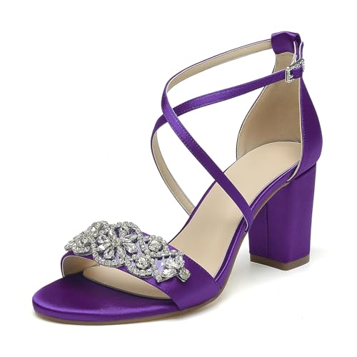 OAUSZC Damen Satin Brautsandalen Mit Blockabsatz Gekreuzten Riemchen Party Hochzeitsschuhe Mit Strass,Lila,38 EU von OAUSZC
