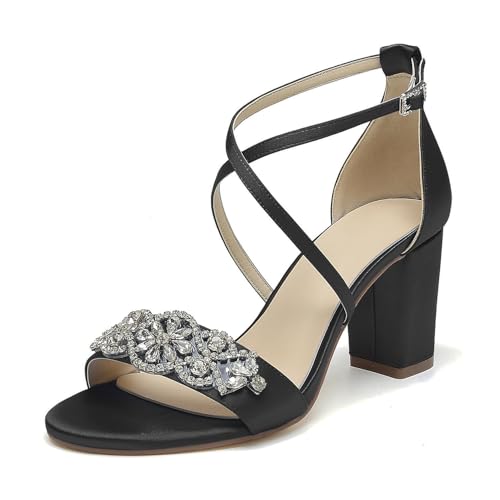 OAUSZC Damen Satin Brautsandalen Mit Blockabsatz Gekreuzten Riemchen Party Hochzeitsschuhe Mit Strass,Schwarz,37 EU von OAUSZC