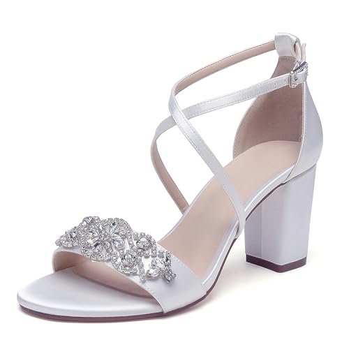 OAUSZC Damen Satin Brautsandalen Mit Blockabsatz Gekreuzten Riemchen Party Hochzeitsschuhe Mit Strass,Weiß,42 EU von OAUSZC