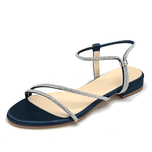 OAUSZC Damen Satin Flache Brautsandalen mit Strass Knöchelriemen offene Zehen Gladiator Hochzeiten Sandalen,Marine,36 EU OAUSZC Damen Satin Flache Brautsandalen mit Strass Knöchelriemen offene Zehen Gladiator Hochzeiten Sandalen,Marine,36 EU von OAUSZC