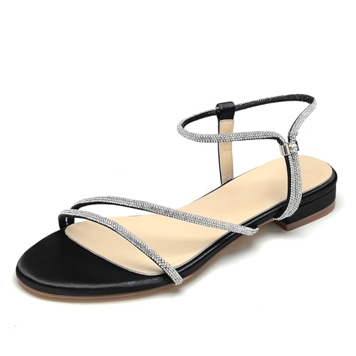 OAUSZC Damen Satin Flache Brautsandalen mit Strass Knöchelriemen offene Zehen Gladiator Hochzeiten Sandalen,Schwarz,35 EU OAUSZC Damen Satin Flache Brautsandalen mit Strass Knöchelriemen offene Zehen Gladiator Hochzeiten Sandalen,Schwarz,35 EU von OAUSZC