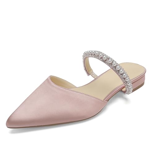 OAUSZC Damen Satin Flache Hochzeit Mules Spitze Zehen Perlen Riemchensandalen Kleid Brautschuhe,Blush,36 EU von OAUSZC