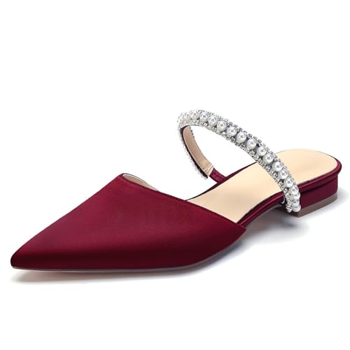 OAUSZC Damen Satin Flache Hochzeit Mules Spitze Zehen Perlen Riemchensandalen Kleid Brautschuhe,Burgundy,35 EU von OAUSZC