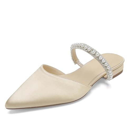 OAUSZC Damen Satin Flache Hochzeit Mules Spitze Zehen Perlen Riemchensandalen Kleid Brautschuhe,Champagne,40 EU von OAUSZC