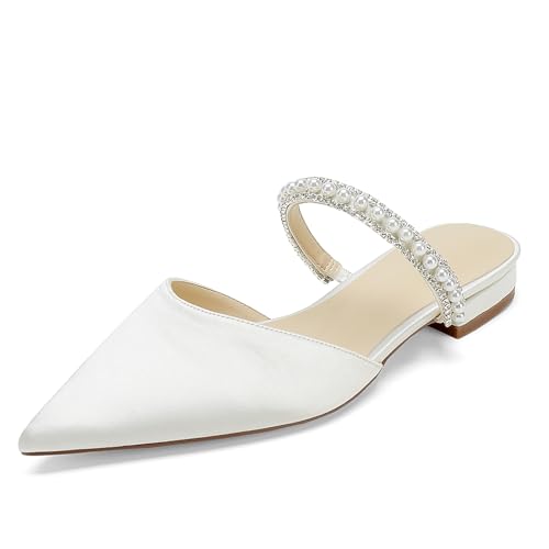 OAUSZC Damen Satin Flache Hochzeit Mules Spitze Zehen Perlen Riemchensandalen Kleid Brautschuhe,Elfenbein,36 EU von OAUSZC
