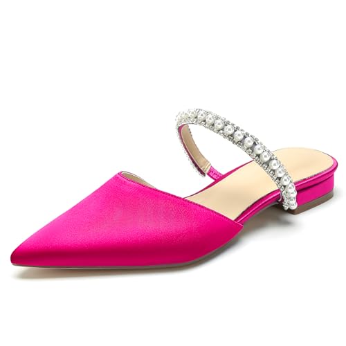 OAUSZC Damen Satin Flache Hochzeit Mules Spitze Zehen Perlen Riemchensandalen Kleid Brautschuhe,Fuchsia,41 EU von OAUSZC