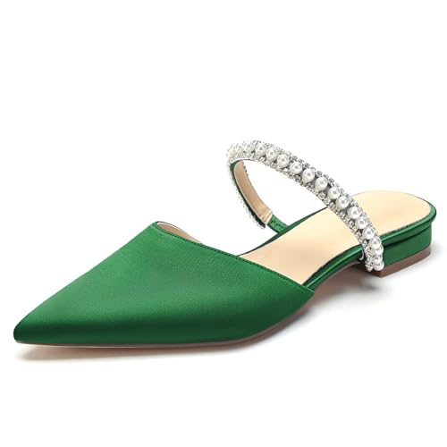 OAUSZC Damen Satin Flache Hochzeit Mules Spitze Zehen Perlen Riemchensandalen Kleid Brautschuhe,Grün,41 EU von OAUSZC