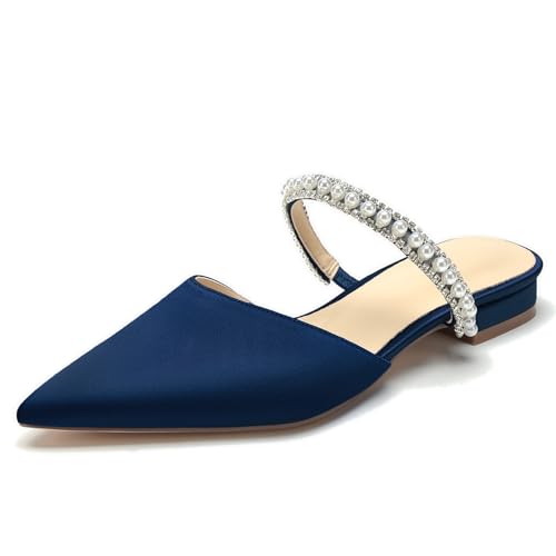 OAUSZC Damen Satin Flache Hochzeit Mules Spitze Zehen Perlen Riemchensandalen Kleid Brautschuhe,Marine,41 EU von OAUSZC