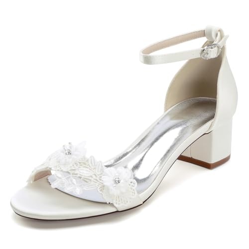 OAUSZC Damen Satin Hochzeit Sandalen Blockabsatz Offener Zehen Party Brautschuhe Mit Blumen,Elfenbein,39 EU von OAUSZC