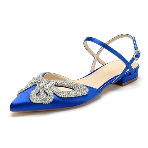 OAUSZC Damen Satin Hochzeits Ballerinas Strass Riemchen Spitze Zehen Slingback Flache Party Brautjungfer Brautschuhe,Blau,38 EU von OAUSZC