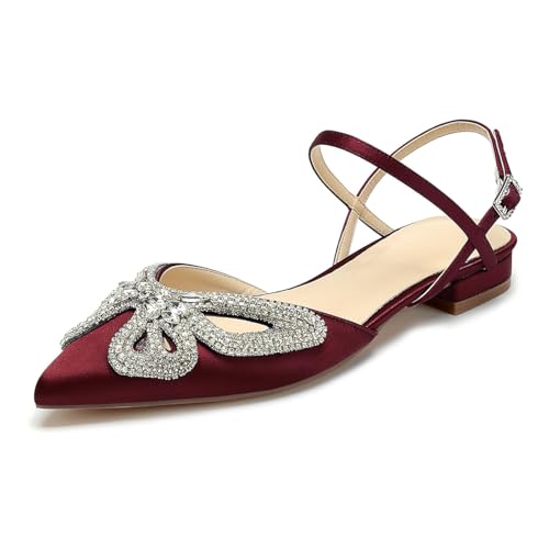 OAUSZC Damen Satin Hochzeits Ballerinas Strass Riemchen Spitze Zehen Slingback Flache Party Brautjungfer Brautschuhe,Burgundy,40 EU von OAUSZC