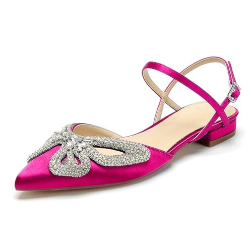 OAUSZC Damen Satin Hochzeits Ballerinas Strass Riemchen Spitze Zehen Slingback Flache Party Brautjungfer Brautschuhe,Fuchsia,42 EU OAUSZC Damen Satin Hochzeits Ballerinas Strass Riemchen Spitze Zehen Slingback Flache Party Brautjungfer Brautschuhe,Fuchsia,42 EU von OAUSZC