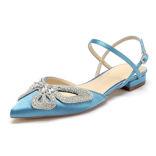 OAUSZC Damen Satin Hochzeits Ballerinas Strass Riemchen Spitze Zehen Slingback Flache Party Brautjungfer Brautschuhe,Light Blue,41 EU von OAUSZC