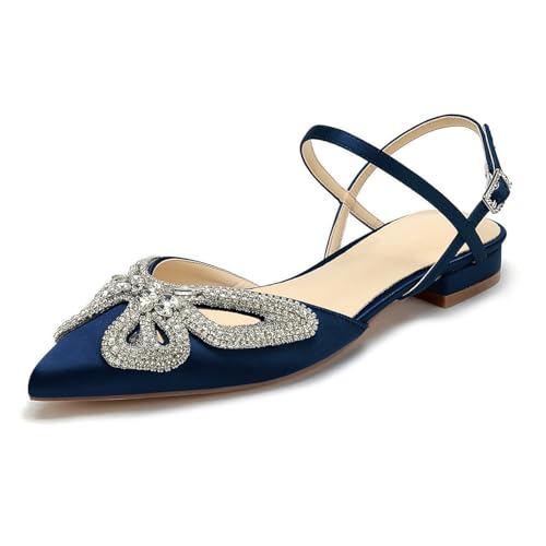 OAUSZC Damen Satin Hochzeits Ballerinas Strass Riemchen Spitze Zehen Slingback Flache Party Brautjungfer Brautschuhe,Marine,38 EU von OAUSZC