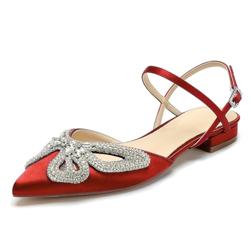 OAUSZC Damen Satin Hochzeits Ballerinas Strass Riemchen Spitze Zehen Slingback Flache Party Brautjungfer Brautschuhe,Rot,42 EU OAUSZC Damen Satin Hochzeits Ballerinas Strass Riemchen Spitze Zehen Slingback Flache Party Brautjungfer Brautschuhe,Rot,42 EU von OAUSZC