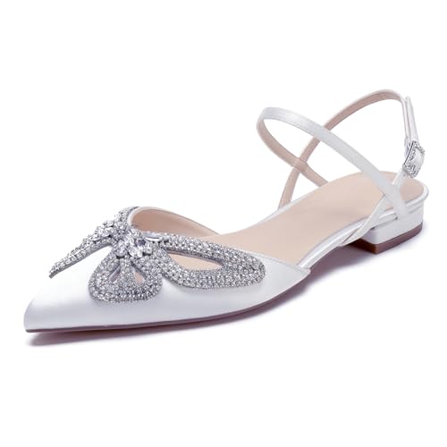 OAUSZC Damen Satin Hochzeits Ballerinas Strass Riemchen Spitze Zehen Slingback Flache Party Brautjungfer Brautschuhe,Weiß,38 EU OAUSZC Damen Satin Hochzeits Ballerinas Strass Riemchen Spitze Zehen Slingback Flache Party Brautjungfer Brautschuhe,Weiß,38 EU von OAUSZC