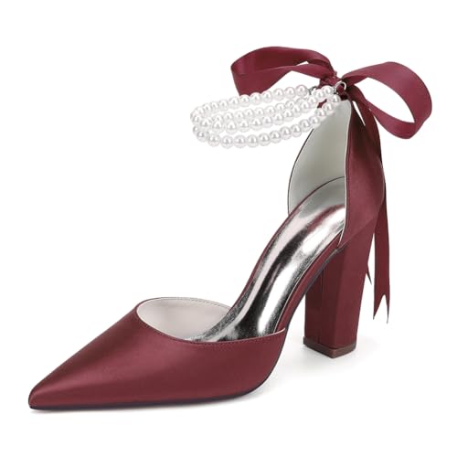 OAUSZC Damen Satin Hochzeitspumps Blockabsatz Perlen Knöchelriemen Spitzer Zehen Abendkleid Brautschuhe ZK1275-01S CG,Burgundy,42 EU von OAUSZC