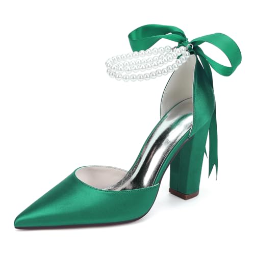 OAUSZC Damen Satin Hochzeitspumps Blockabsatz Perlen Knöchelriemen Spitzer Zehen Abendkleid Brautschuhe ZK1275-01S CG,Grün,40 EU von OAUSZC