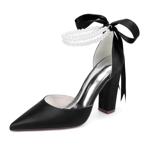OAUSZC Damen Satin Hochzeitspumps Blockabsatz Perlen Knöchelriemen Spitzer Zehen Abendkleid Brautschuhe ZK1275-01S CG,Schwarz,43 EU von OAUSZC