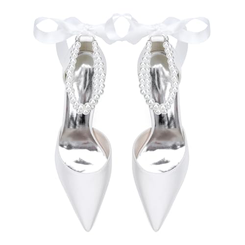 OAUSZC Damen Satin Hochzeitspumps Blockabsatz Perlen Knöchelriemen Spitzer Zehen Abendkleid Brautschuhe ZK1275-01S CG,Weiß,40 EU von OAUSZC