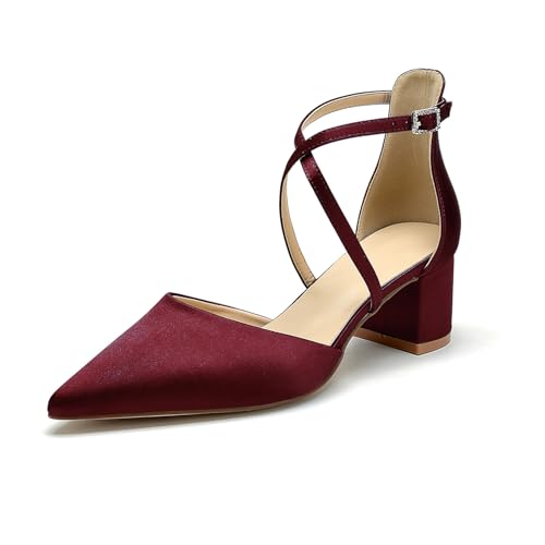 OAUSZC Damen Satin Hochzeitsschuhe Blockabsatz 5,5 cm Kreuzriemen Pumps Geschlossene Zehen Abend Brautschuhe,Burgundy,43 EU von OAUSZC