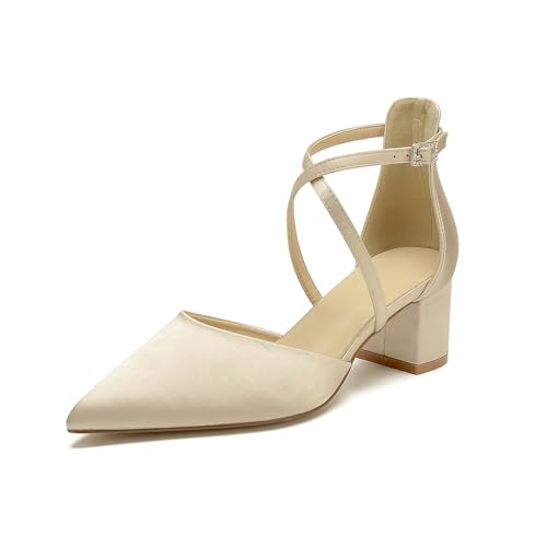 OAUSZC Damen Satin Hochzeitsschuhe Blockabsatz 5,5 cm Kreuzriemen Pumps Geschlossene Zehen Abend Brautschuhe,Champagne,39 EU von OAUSZC