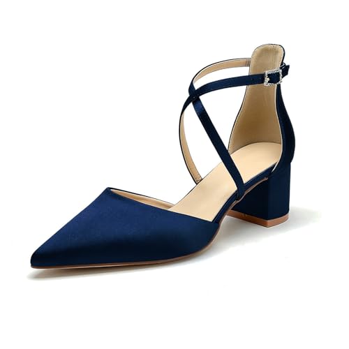 OAUSZC Damen Satin Hochzeitsschuhe Blockabsatz 5,5 cm Kreuzriemen Pumps Geschlossene Zehen Abend Brautschuhe,Marine,41 EU von OAUSZC