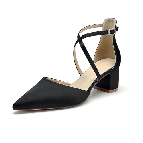 OAUSZC Damen Satin Hochzeitsschuhe Blockabsatz 5,5 cm Kreuzriemen Pumps Geschlossene Zehen Abend Brautschuhe,Schwarz,40 EU von OAUSZC