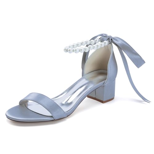 OAUSZC Damen Satin Offene Zehen Hochzeitsschuhe Blockabsatz Perlen Riemchensandalen Party Brautschuhe 13091-1SD,Silber,35 EU von OAUSZC