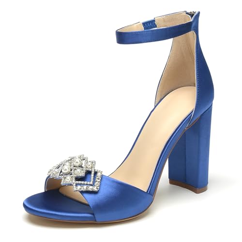 OAUSZC Damen Satin Peep Toe Blockabsatz Knöchelriemen Strass Hochzeit Braut Sandalen,Blau,35 EU von OAUSZC