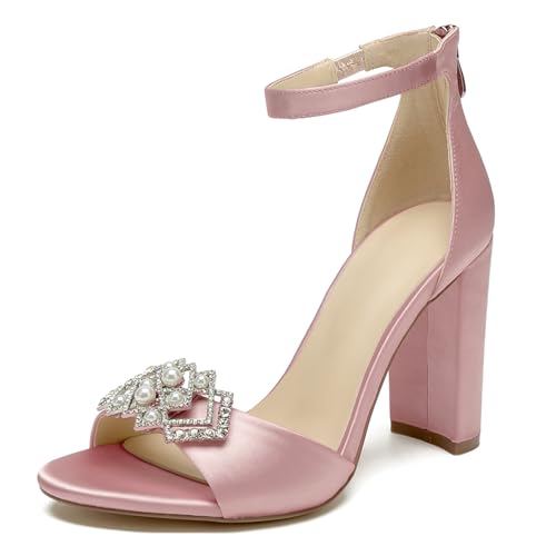 OAUSZC Damen Satin Peep Toe Blockabsatz Knöchelriemen Strass Hochzeit Braut Sandalen,Blush,39 EU von OAUSZC