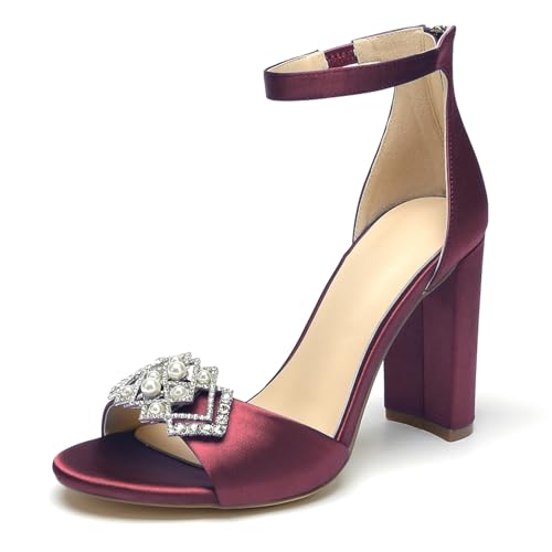 OAUSZC Damen Satin Peep Toe Blockabsatz Knöchelriemen Strass Hochzeit Braut Sandalen,Burgundy,39 EU von OAUSZC