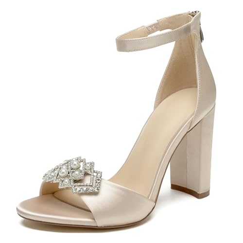 OAUSZC Damen Satin Peep Toe Blockabsatz Knöchelriemen Strass Hochzeit Braut Sandalen,Champagne,39 EU von OAUSZC