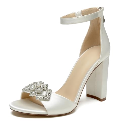 OAUSZC Damen Satin Peep Toe Blockabsatz Knöchelriemen Strass Hochzeit Braut Sandalen,Elfenbein,40 EU von OAUSZC