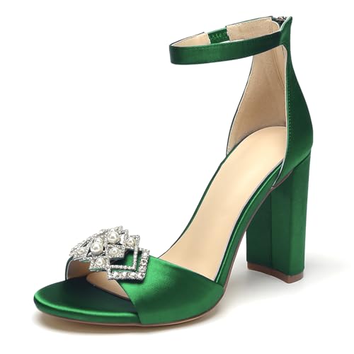 OAUSZC Damen Satin Peep Toe Blockabsatz Knöchelriemen Strass Hochzeit Braut Sandalen,Grün,39 EU von OAUSZC