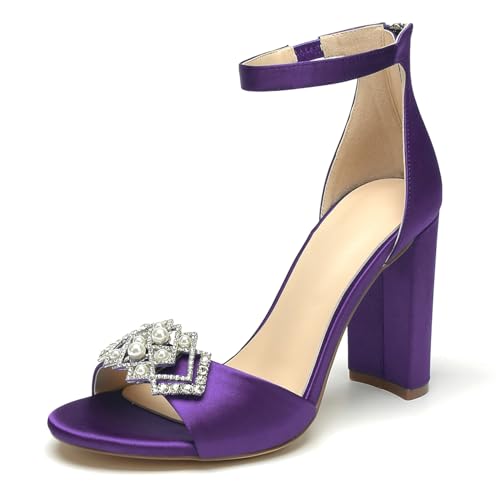 OAUSZC Damen Satin Peep Toe Blockabsatz Knöchelriemen Strass Hochzeit Braut Sandalen,Lila,39 EU von OAUSZC