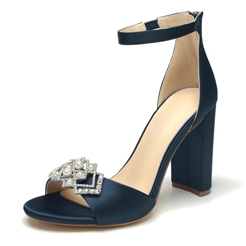 OAUSZC Damen Satin Peep Toe Blockabsatz Knöchelriemen Strass Hochzeit Braut Sandalen,Marine,41 EU von OAUSZC