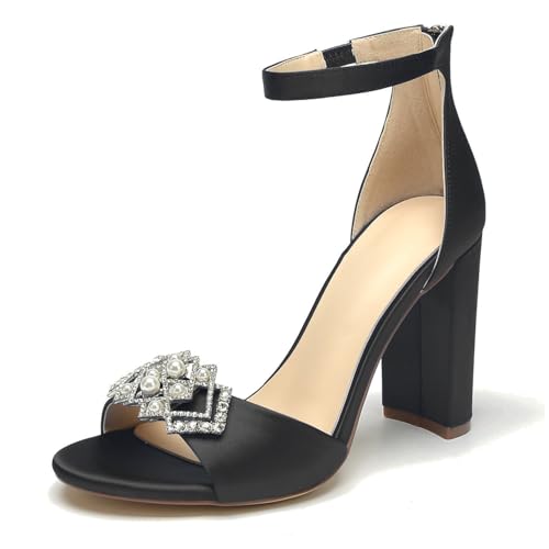 OAUSZC Damen Satin Peep Toe Blockabsatz Knöchelriemen Strass Hochzeit Braut Sandalen,Schwarz,43 EU von OAUSZC