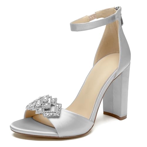 OAUSZC Damen Satin Peep Toe Blockabsatz Knöchelriemen Strass Hochzeit Braut Sandalen,Silber,37 EU von OAUSZC